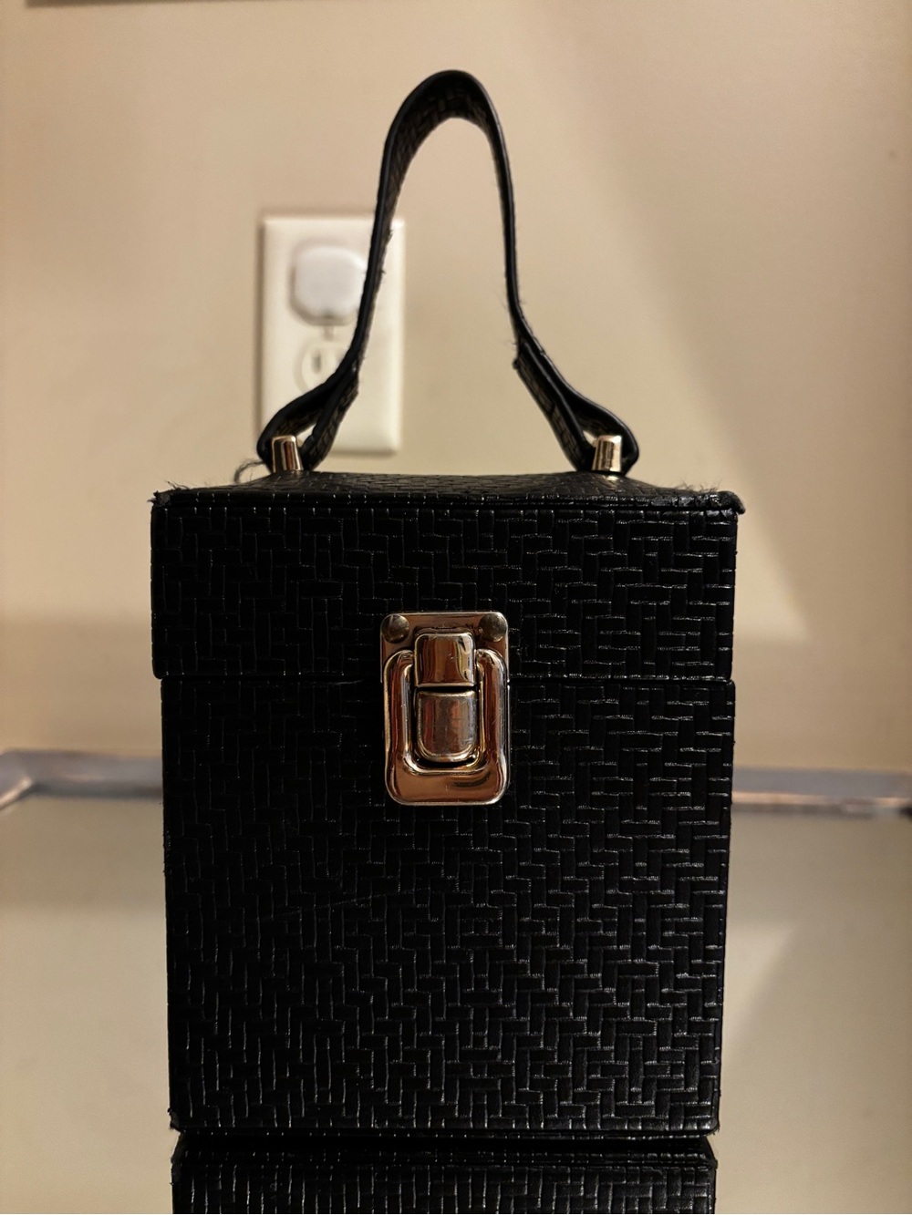 Black Woven Box Handbag with Gold Hardware